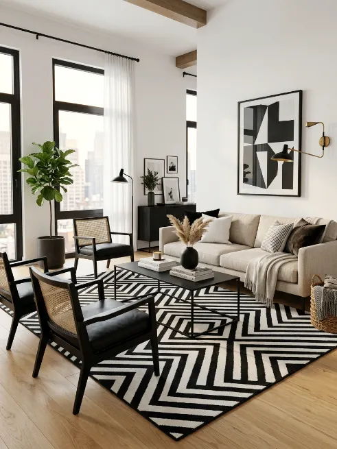 Use a black and white rug as an anchor