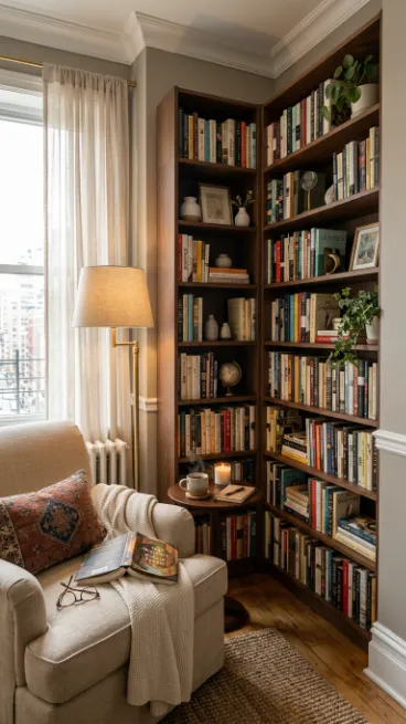 Use a corner bookshelf to save space