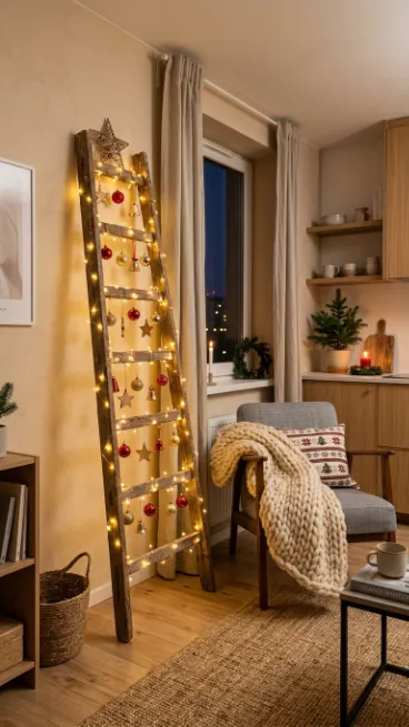 13. Use a Ladder as a Mini Christmas Tree